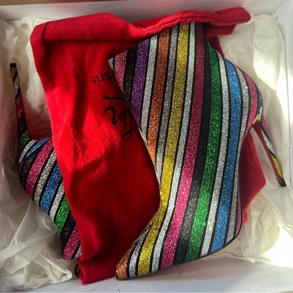 SOLD Christian Louboutin Suede Stripy Glitter So Kate Boot 38